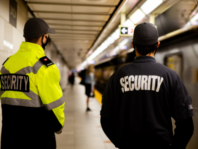 Two security guards in uniform and caps stand on a subway platform